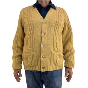 Vintage Alan Paine Shetland Wool Cable Knit Cardigan Camel Tan Winter